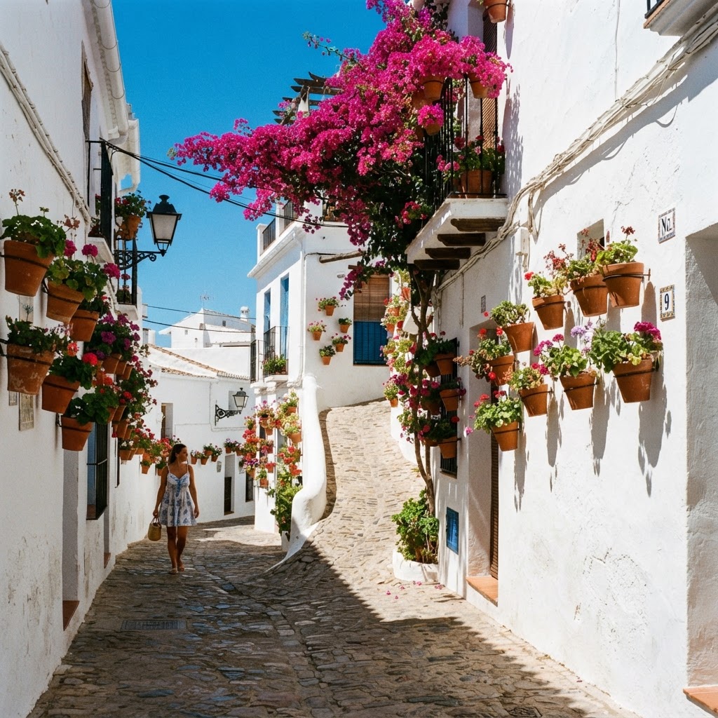 The contrast of white walls and colorful plants in a typical village.