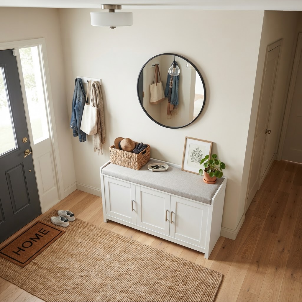 Cabinet-style benches keep small entryways looking neat and tidy.