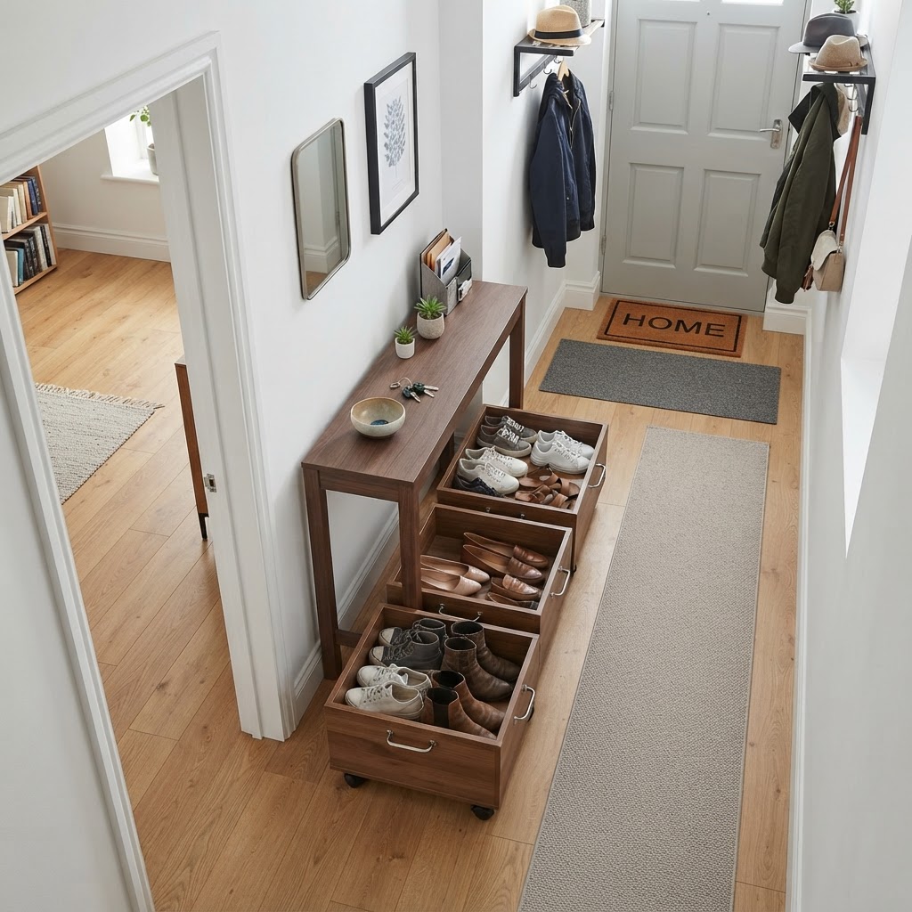 Rolling bins under furniture utilize forgotten space effectively.