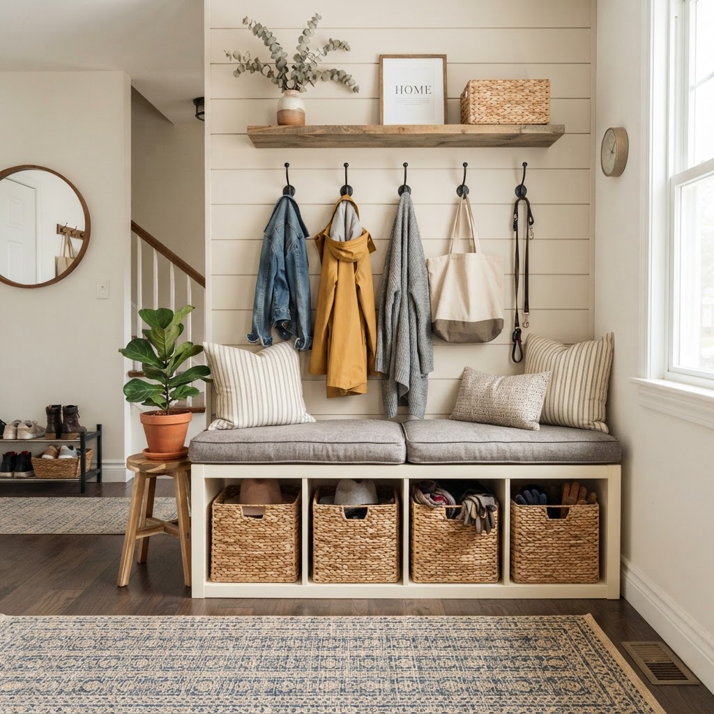 Horizontal KALLAX units serve as a perfect entry bench.