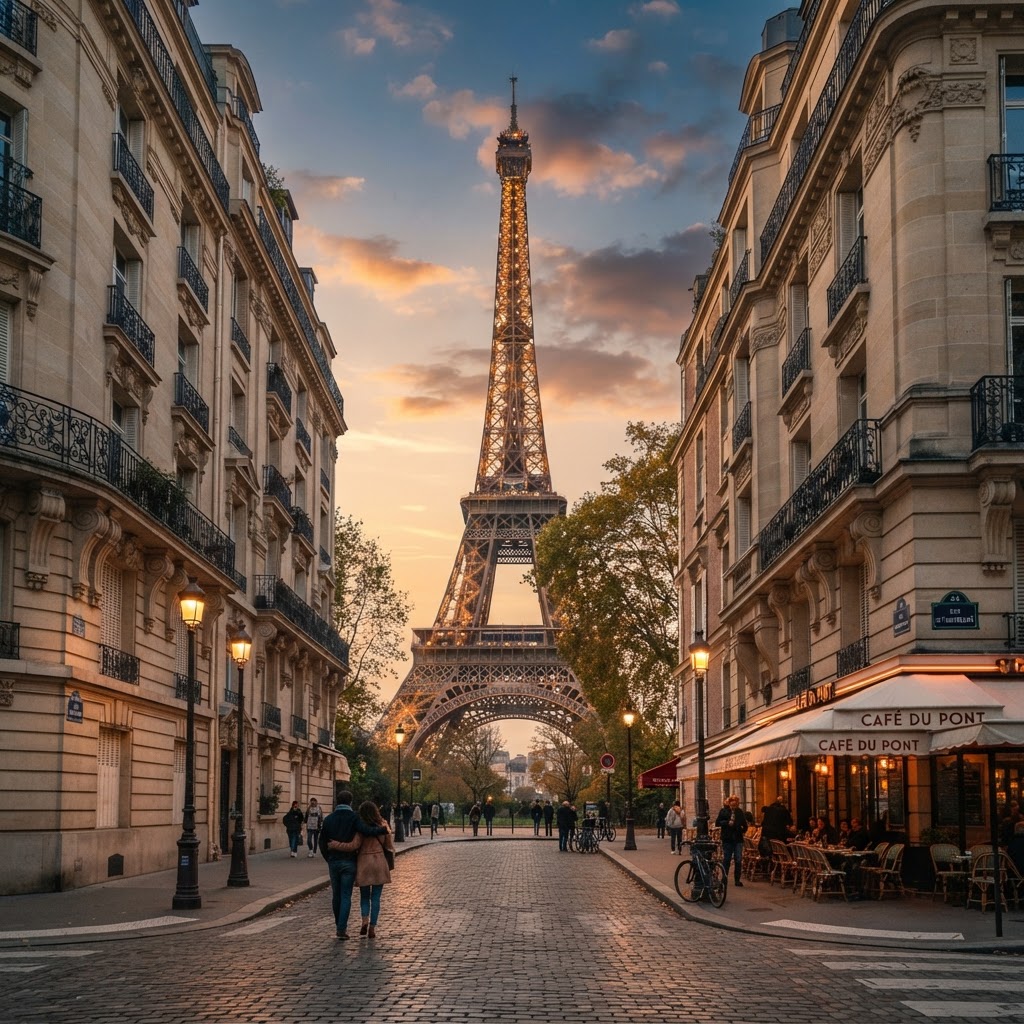 The iconic Eiffel Tower glowing at sunset.
