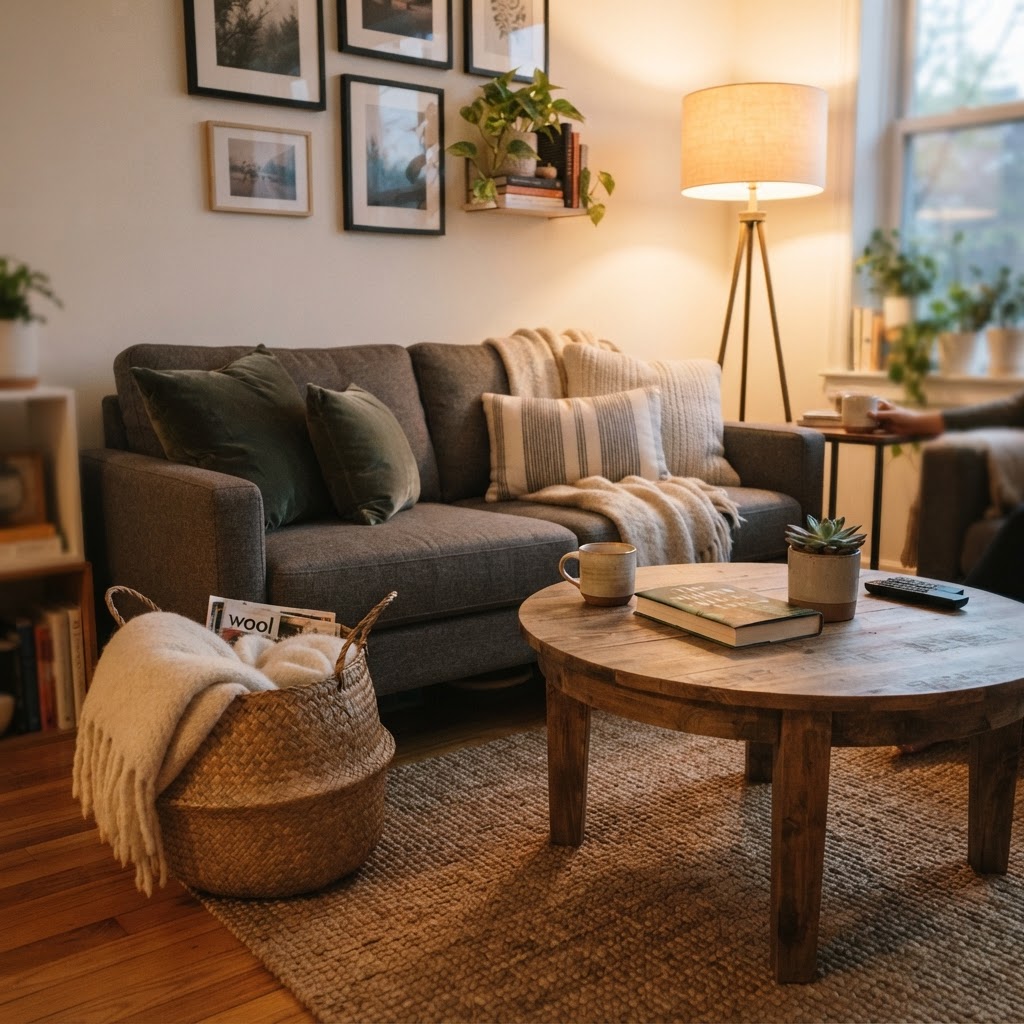 Storage baskets and warm lighting are essential tools for a cozy, clutter-free home.
