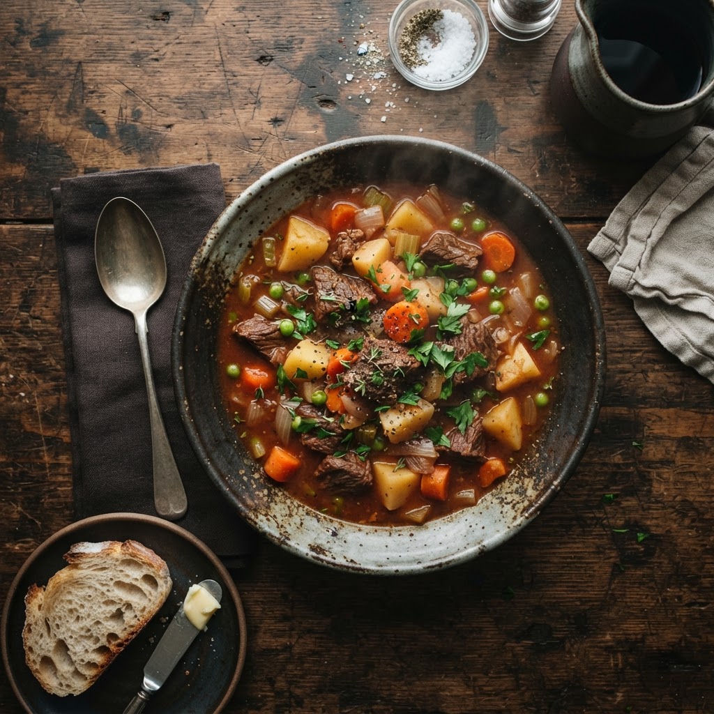 A hearty bowl of slow cooker beef stew served warm for a cozy winter dinner.