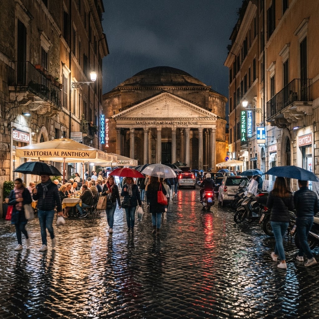 Rain-slicked cobblestones bring a cinematic drama to the streets near the Pantheon.
