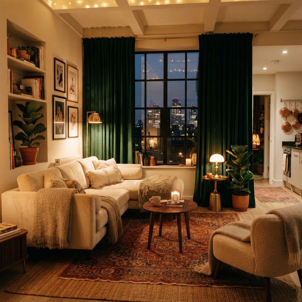 Layering textures and tall drapery creates a high-end look without any permanent changes.