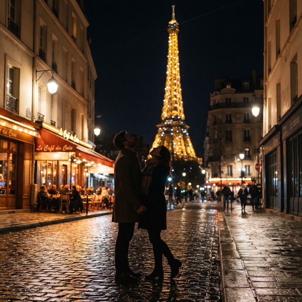 The romantic energy of a Paris evening under the lights.