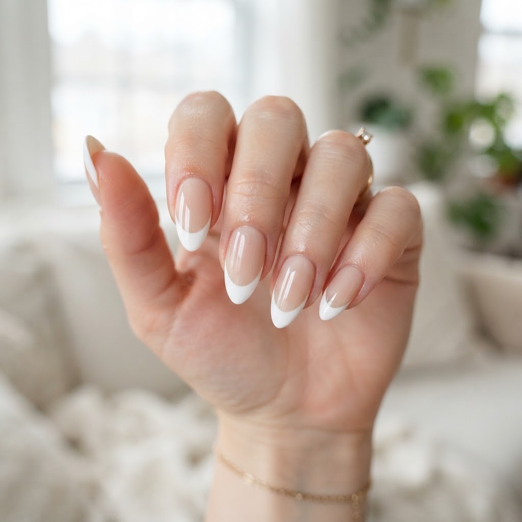Minimalist nude almond French tip nails.