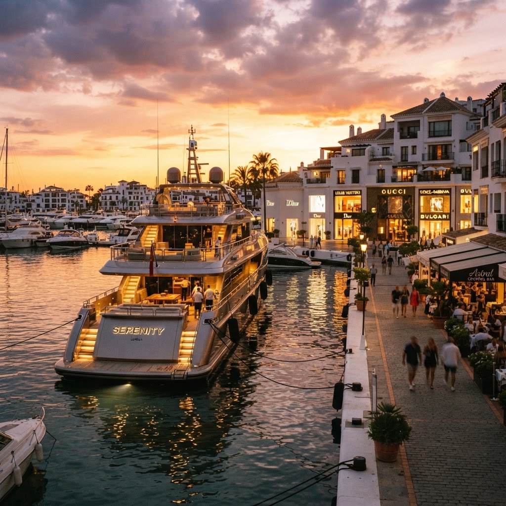 Luxury yachts docked at the famous Puerto Banús marina.