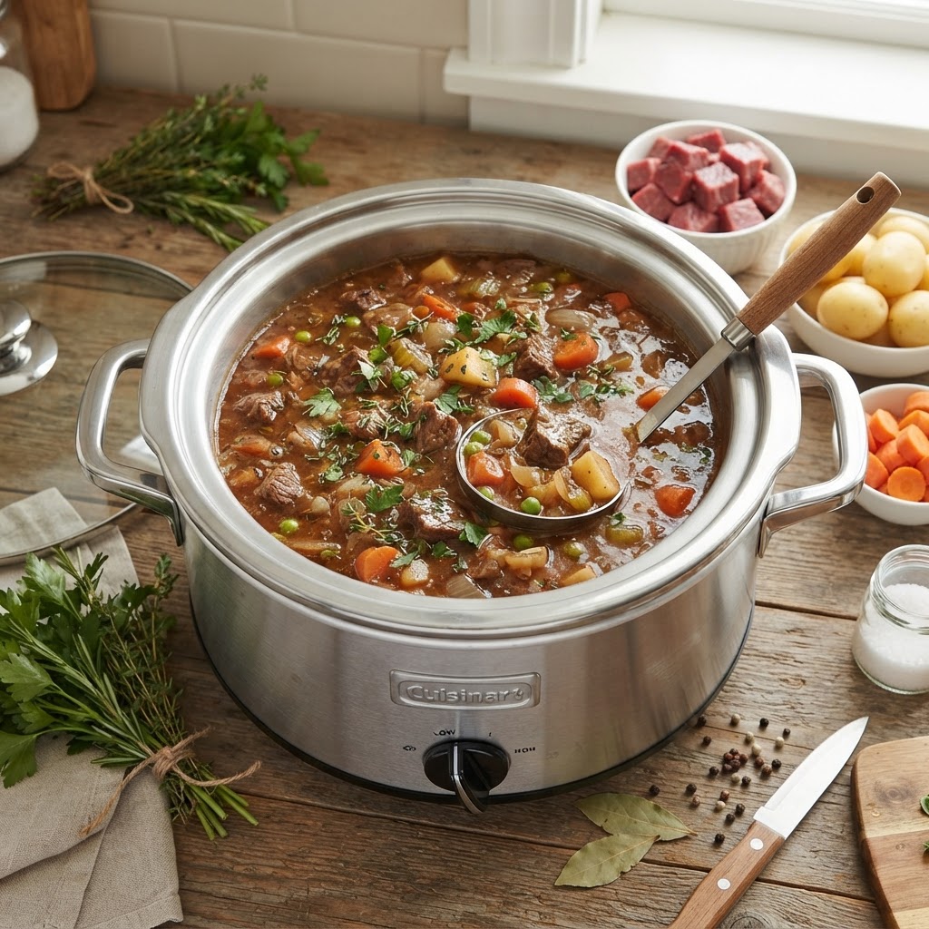 Preparing the ingredients for a delicious slow cooker beef stew.