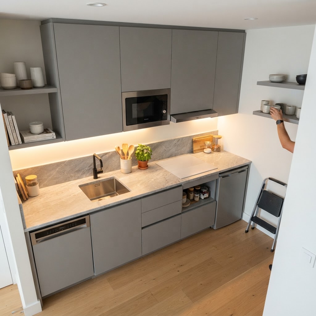 Minimalist kitchen design highlighting space-saving features.