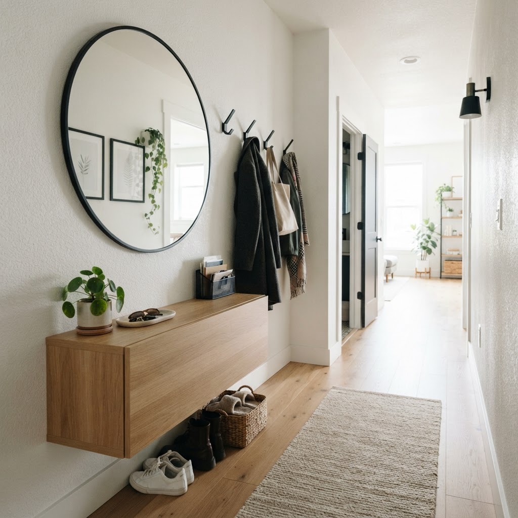 Floating storage benches are a clever solution for extremely narrow corridors.