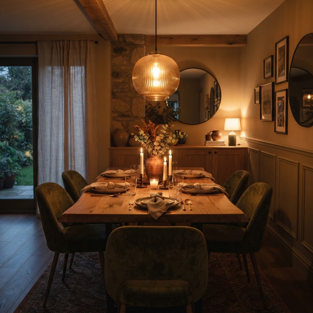 A pendant light creates a focal point for intimate dining.