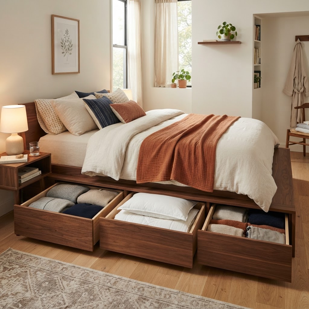 Platform beds with integrated drawers provide hidden, organized storage for seasonal items.
