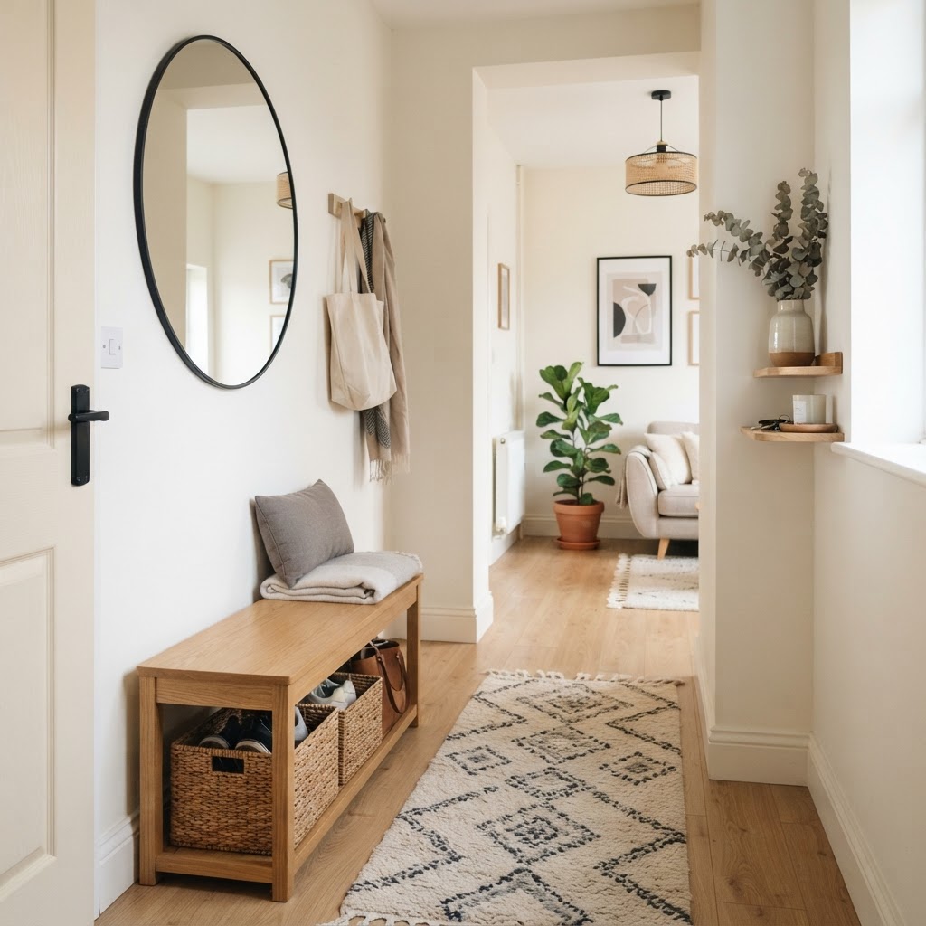 Maximize your space with a mirror and slim storage bench.