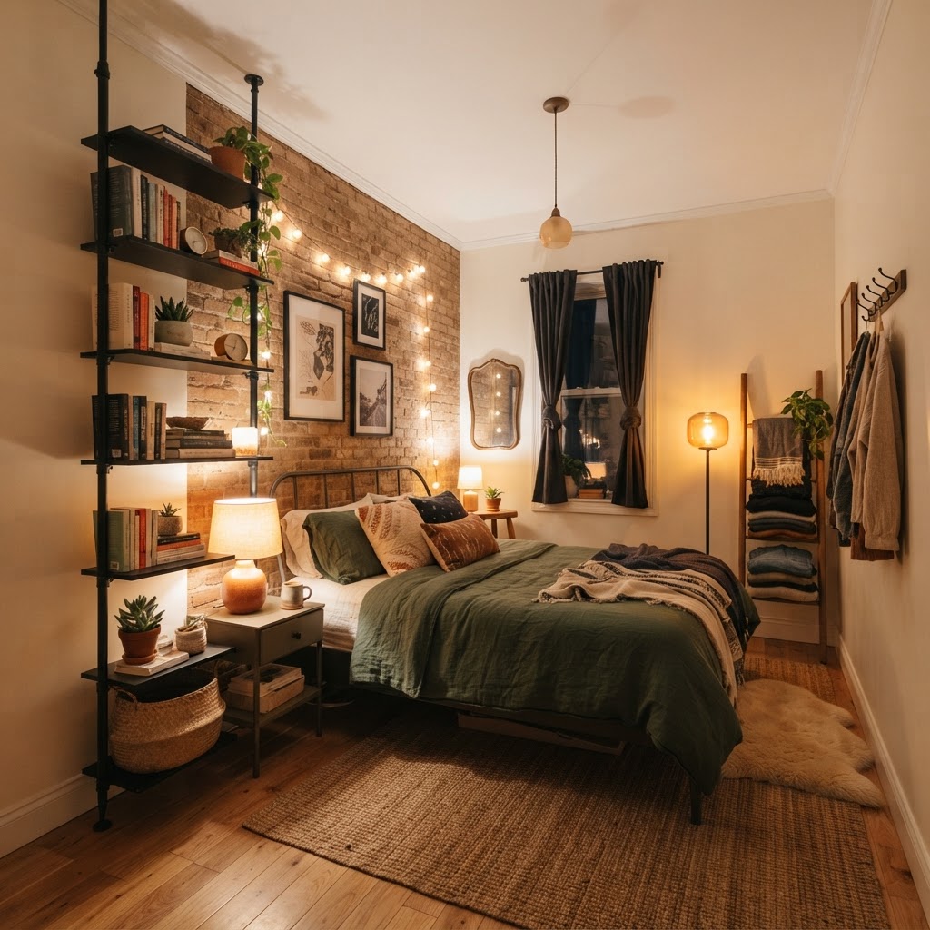 Maximizing small bedroom space with smart lighting and vertical storage.