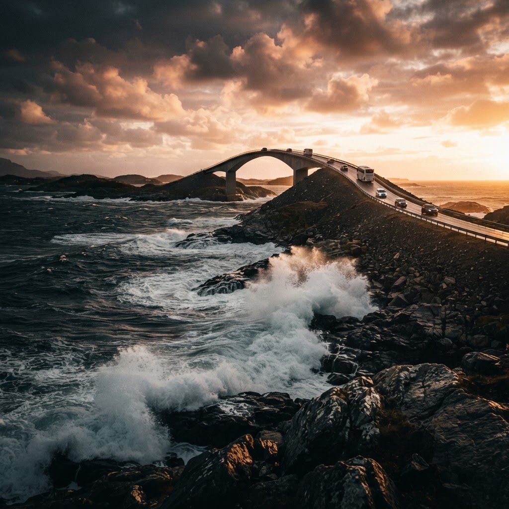 The iconic Storseisundet Bridge during a breathtaking sunset.