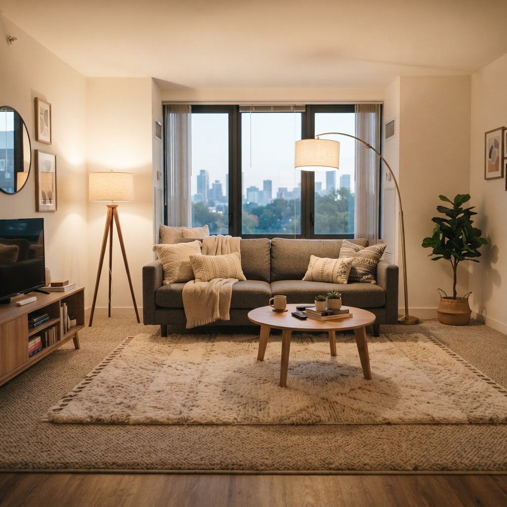 Layering rugs is a great way to cover unattractive flooring.