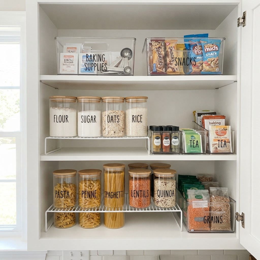 Shelf risers and clear bins keep kitchen essentials organized and visible.