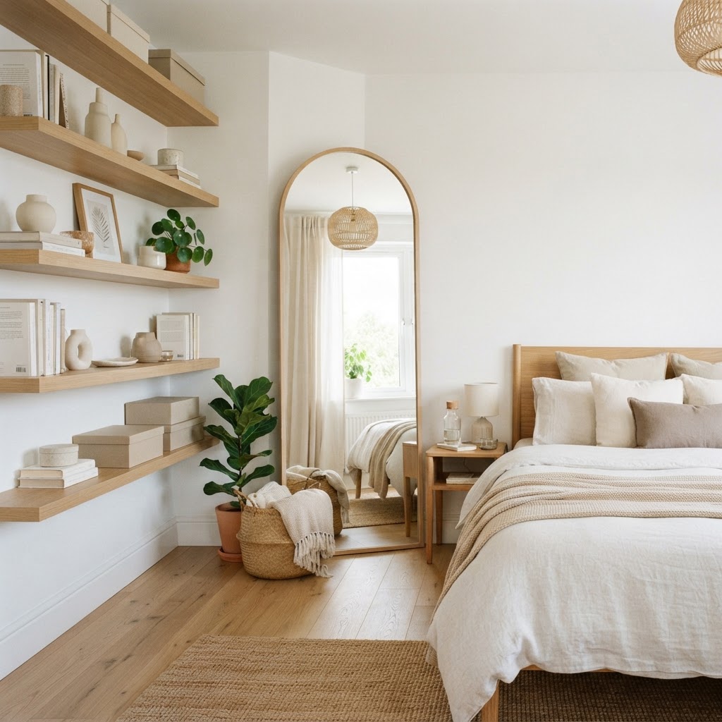 Use vertical shelving and mirrors to make your room feel larger.