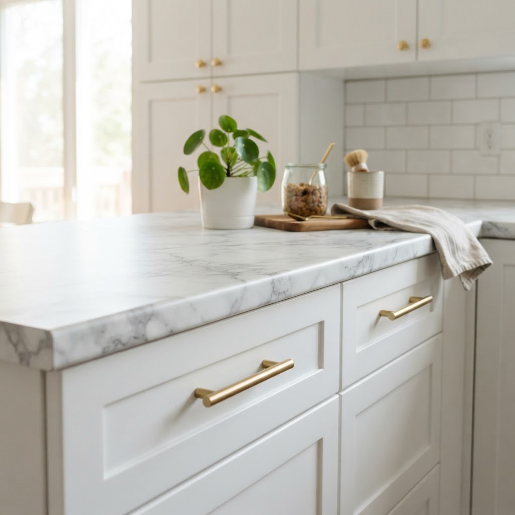 Upgrade kitchen cabinets with simple hardware swaps and contact paper.