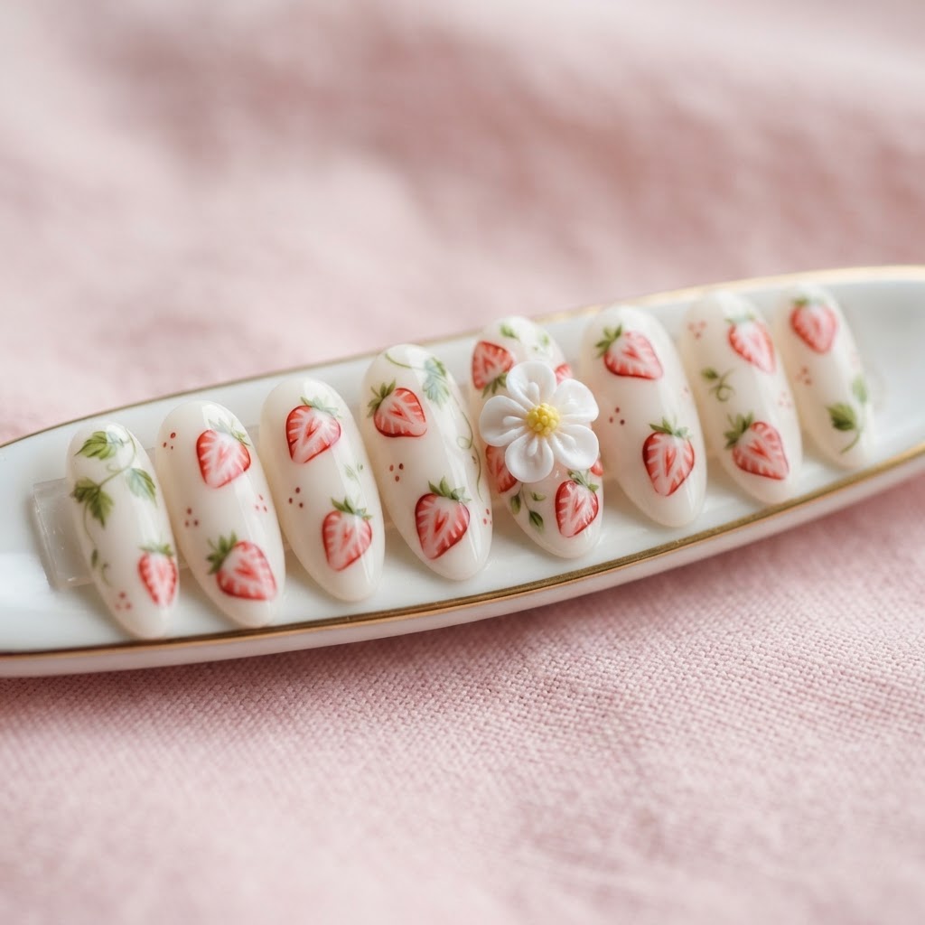Vibrant strawberry and 3D flower nail art design.