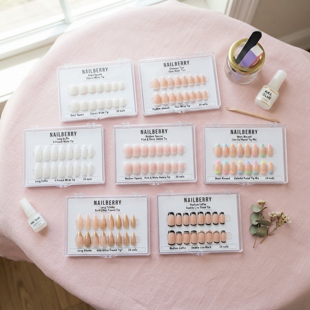 A variety of press-on nail styles and shapes.