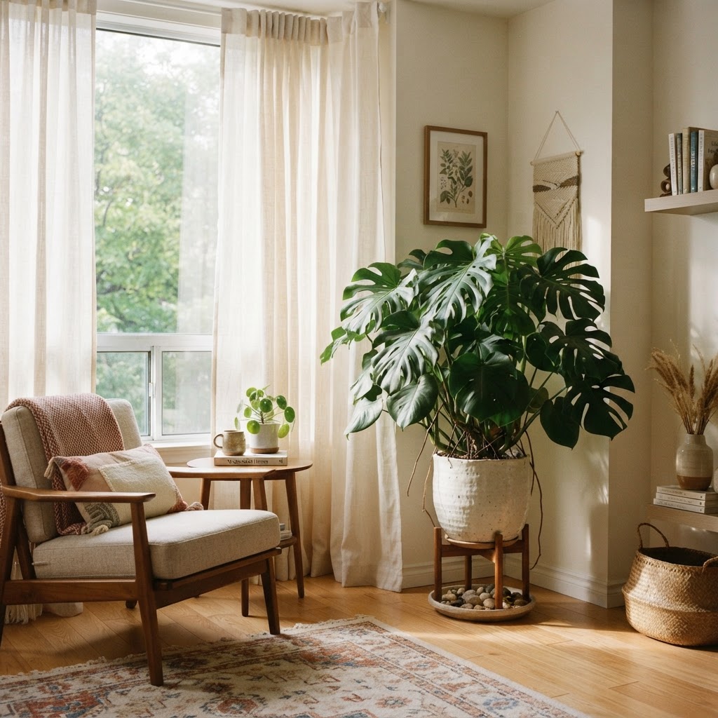 Incorporating one large statement plant adds a touch of organic luxury to any small space.