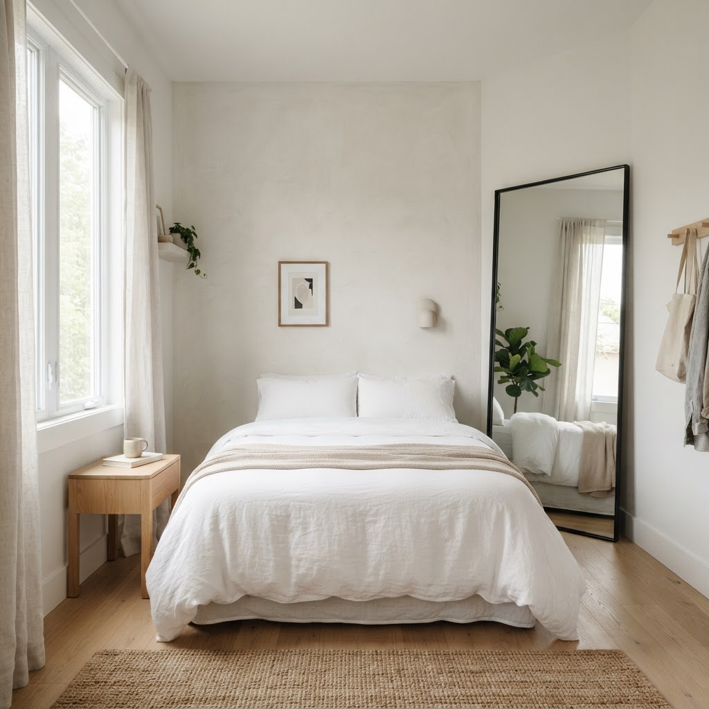A mirror placed strategically creates the illusion of more space.