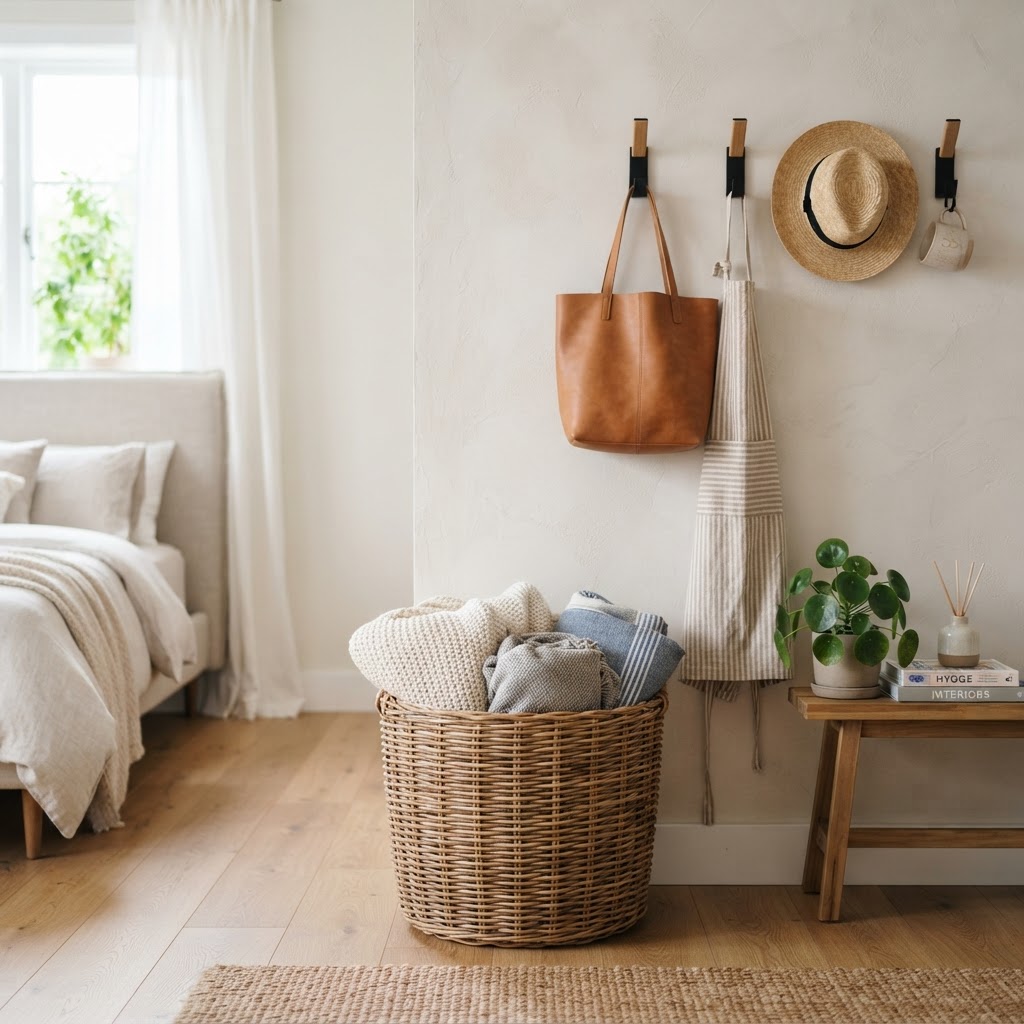 Wicker baskets and wall hooks maximize storage in tight corners.