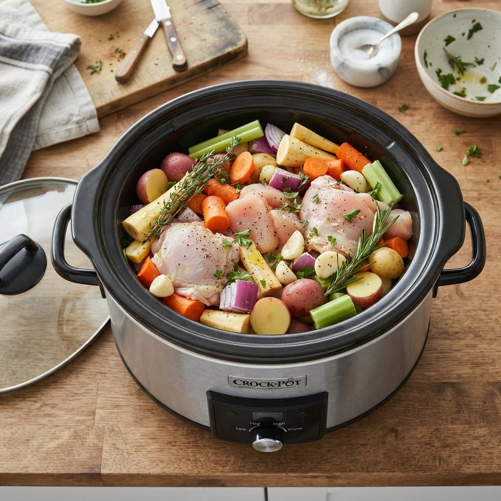 Fresh ingredients prepared for a delicious, easy slow cooker meal.