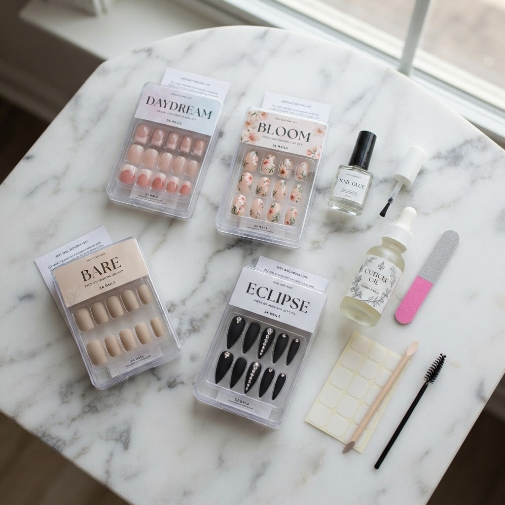 Essential tools for a perfect DIY press-on manicure.