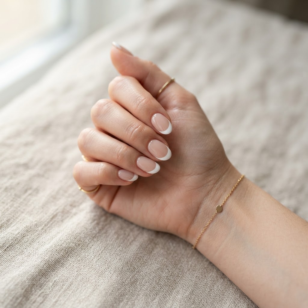 Classic short almond French tip press-ons offer a timeless, clean look.