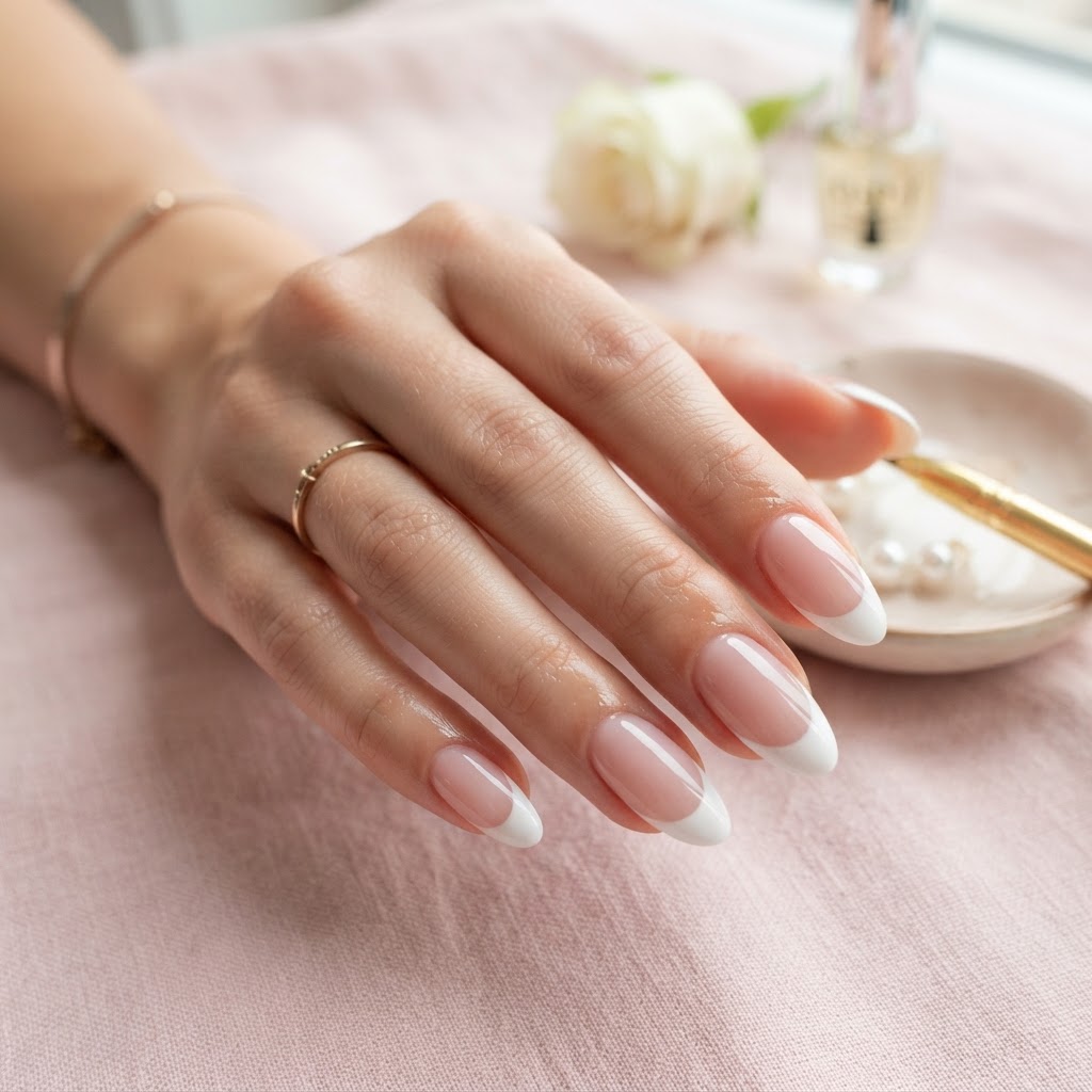 The final result: A perfect, salon-quality French manicure using press-on nails.