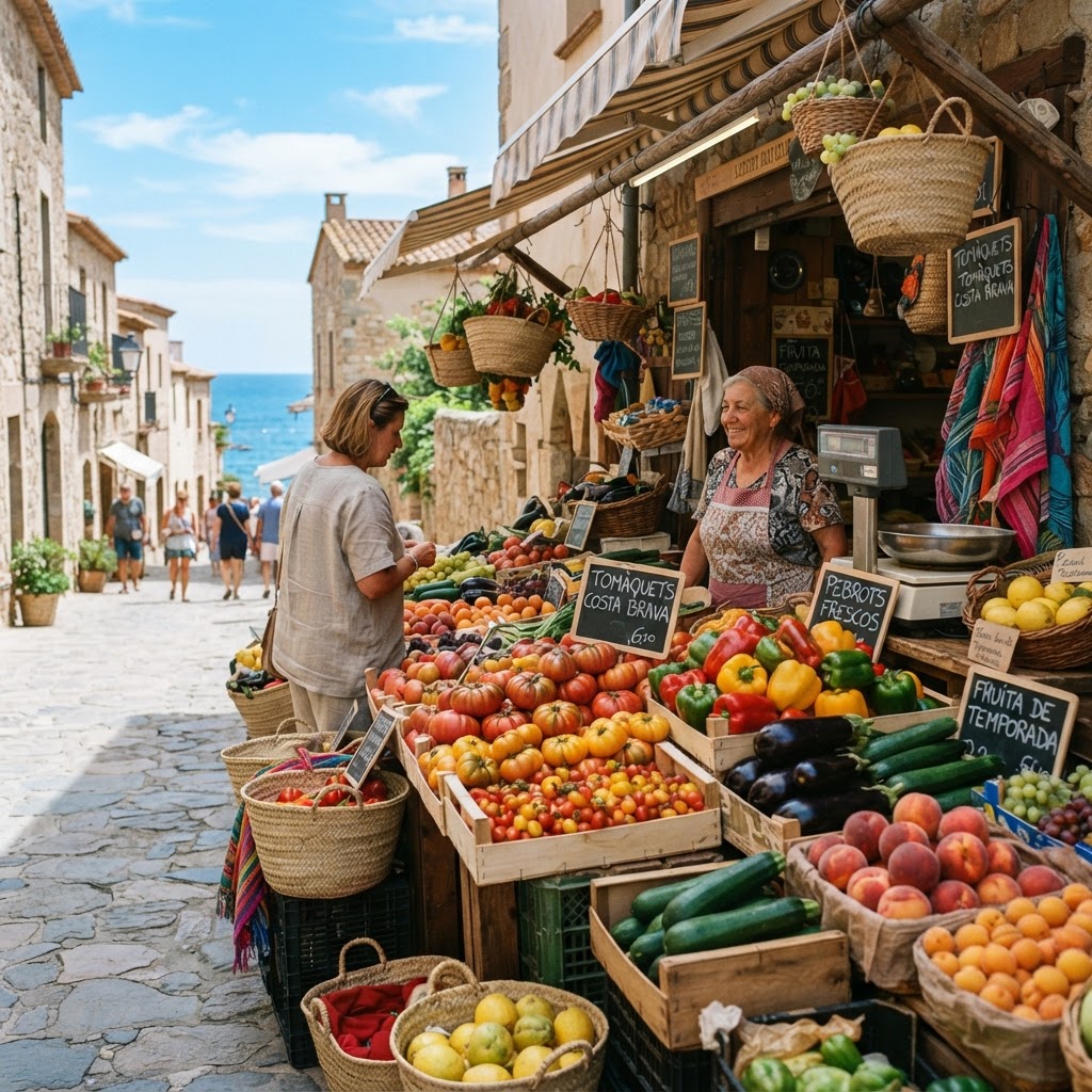 Fresh, seasonal produce shines under the warm Mediterranean sun at a local market stall.