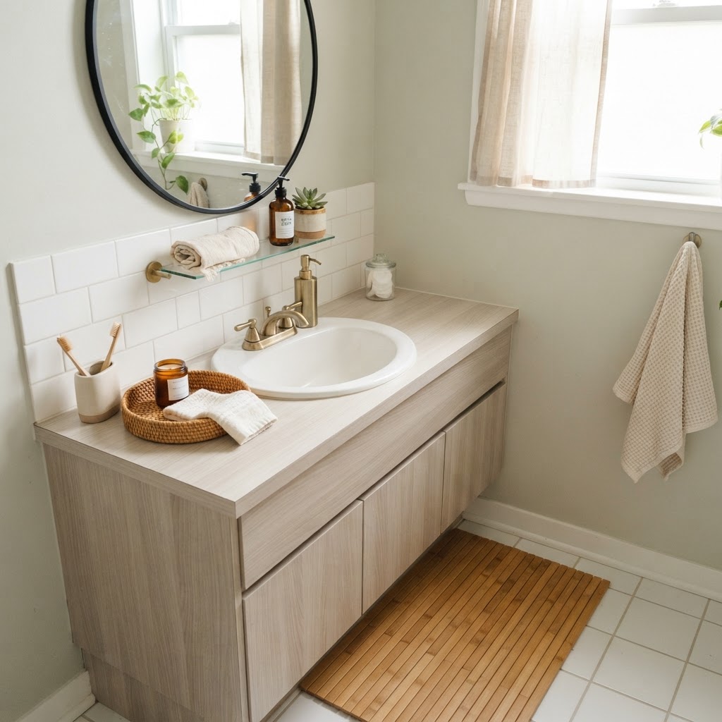 Simple accessories can turn a standard rental bathroom into a spa.