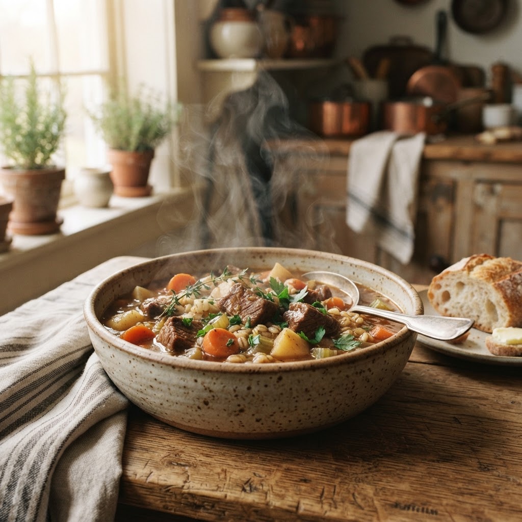A delicious bowl of slow cooker beef stew with barley.