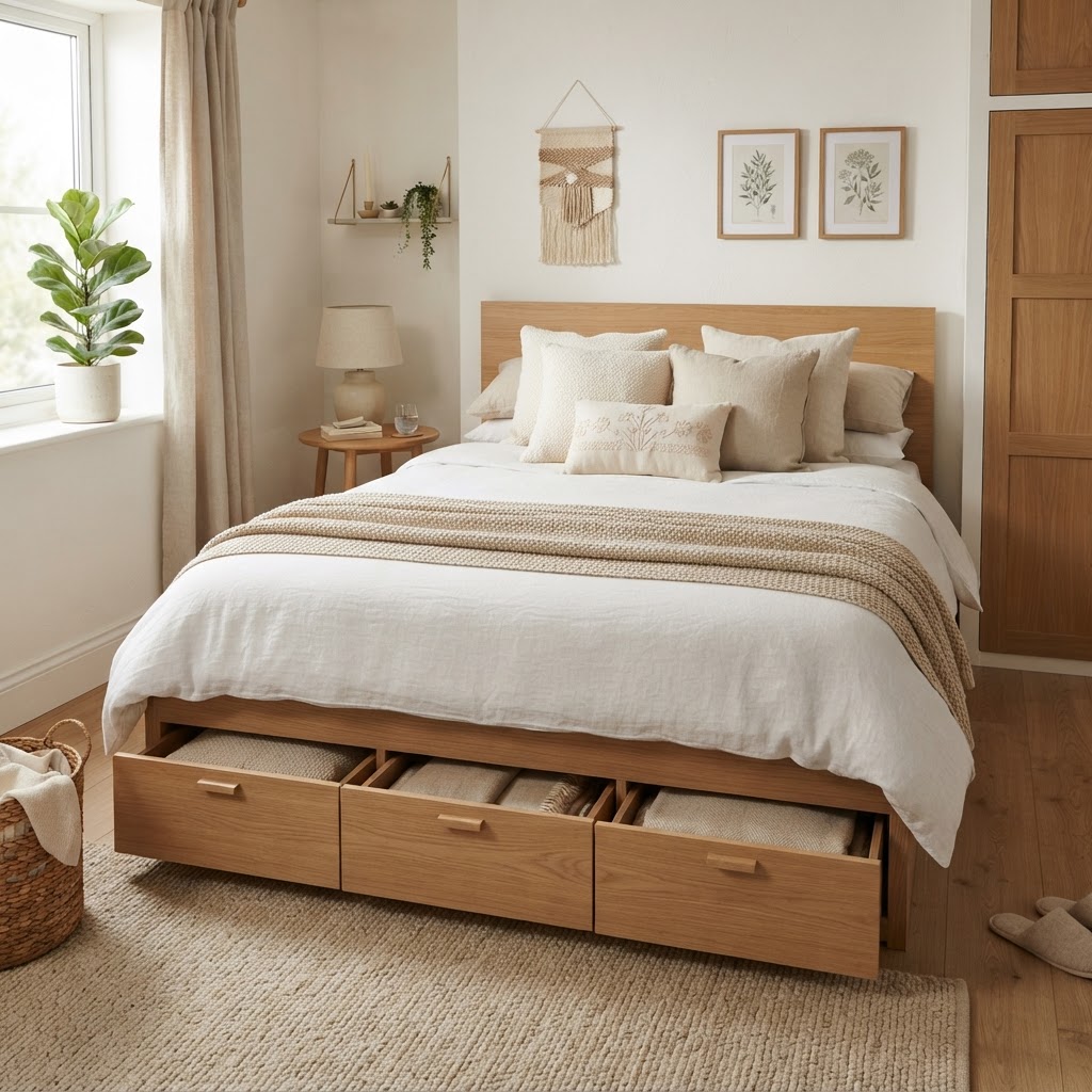 Beds with built-in storage are a smart way to clear clutter from your floor.