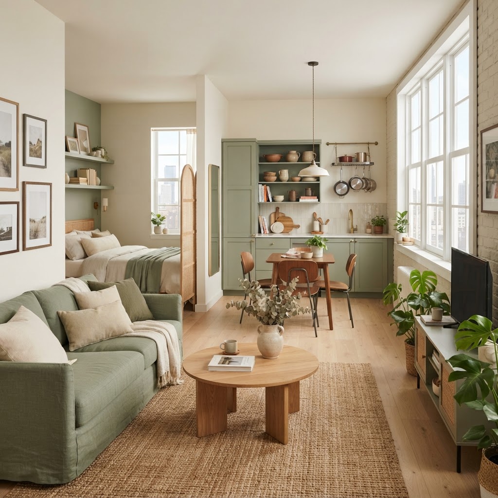A cohesive sage green palette helps define areas in a studio apartment.
