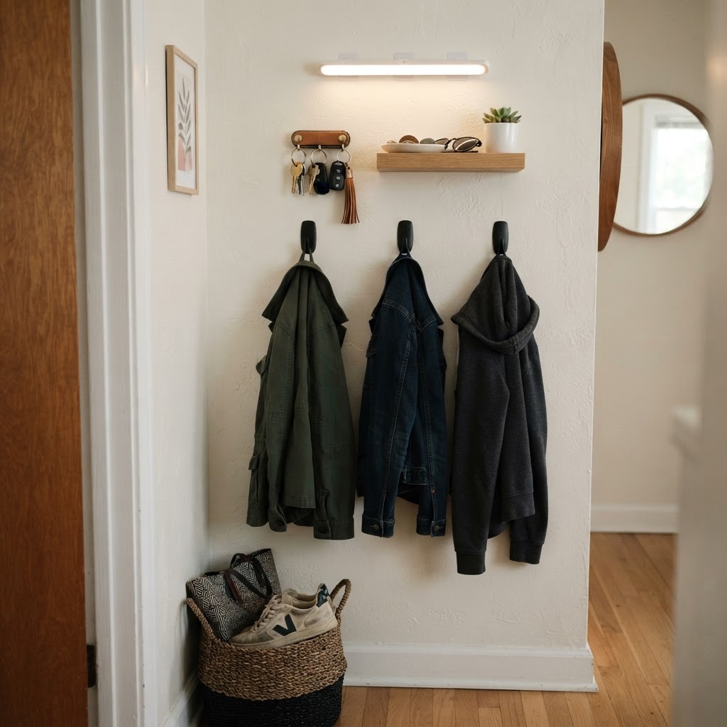Utilize vertical space with adhesive hooks to keep items off the floor.