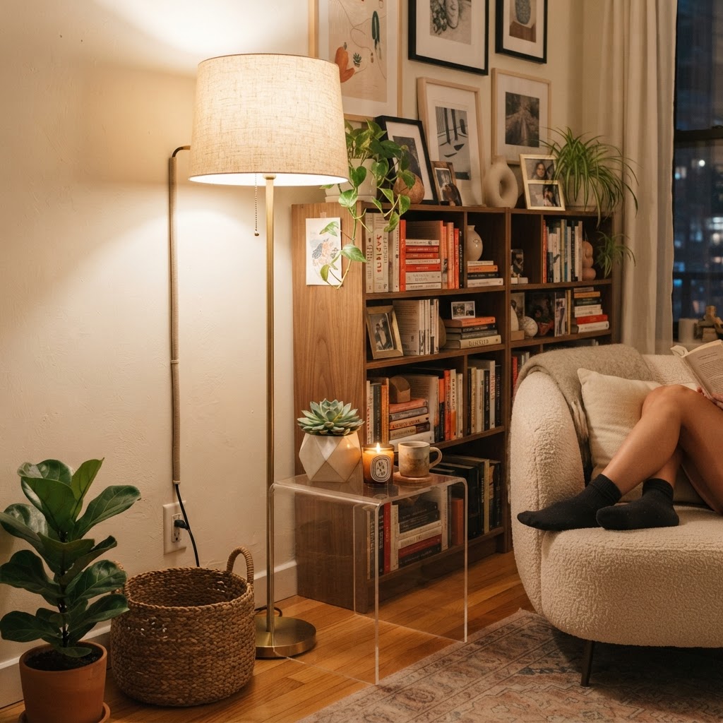 Layered lighting and acrylic furniture make small spaces feel bigger.