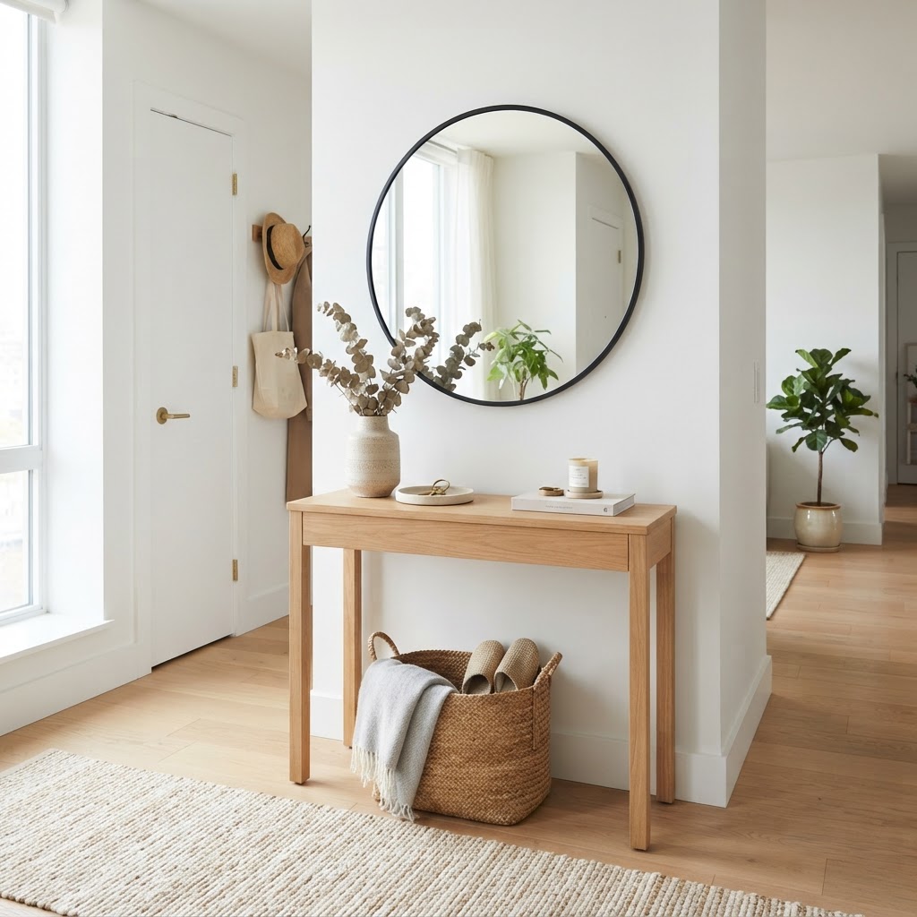 A sleek console table provides a perfect landing pad in small apartments.