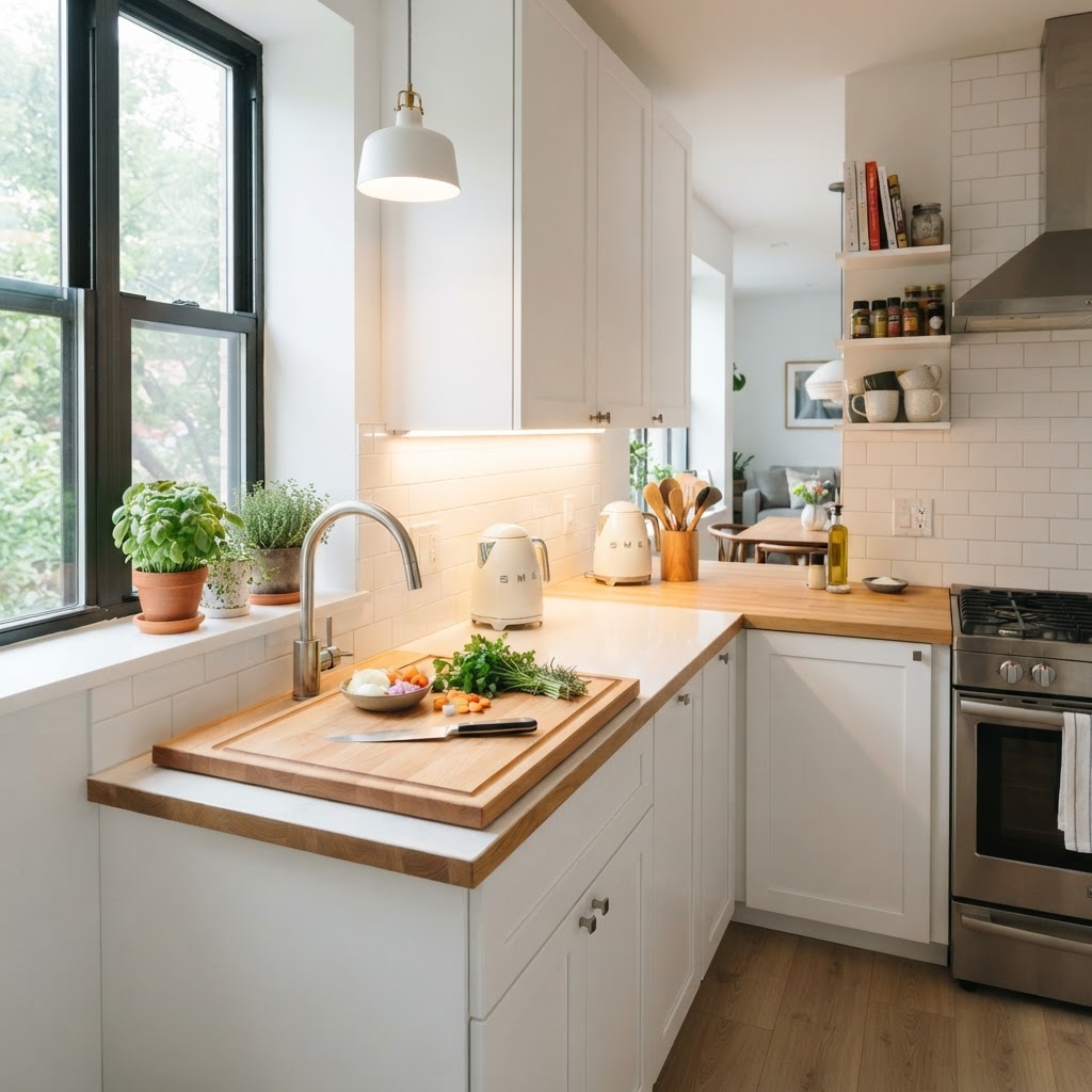 Bright and efficient small kitchen layout.