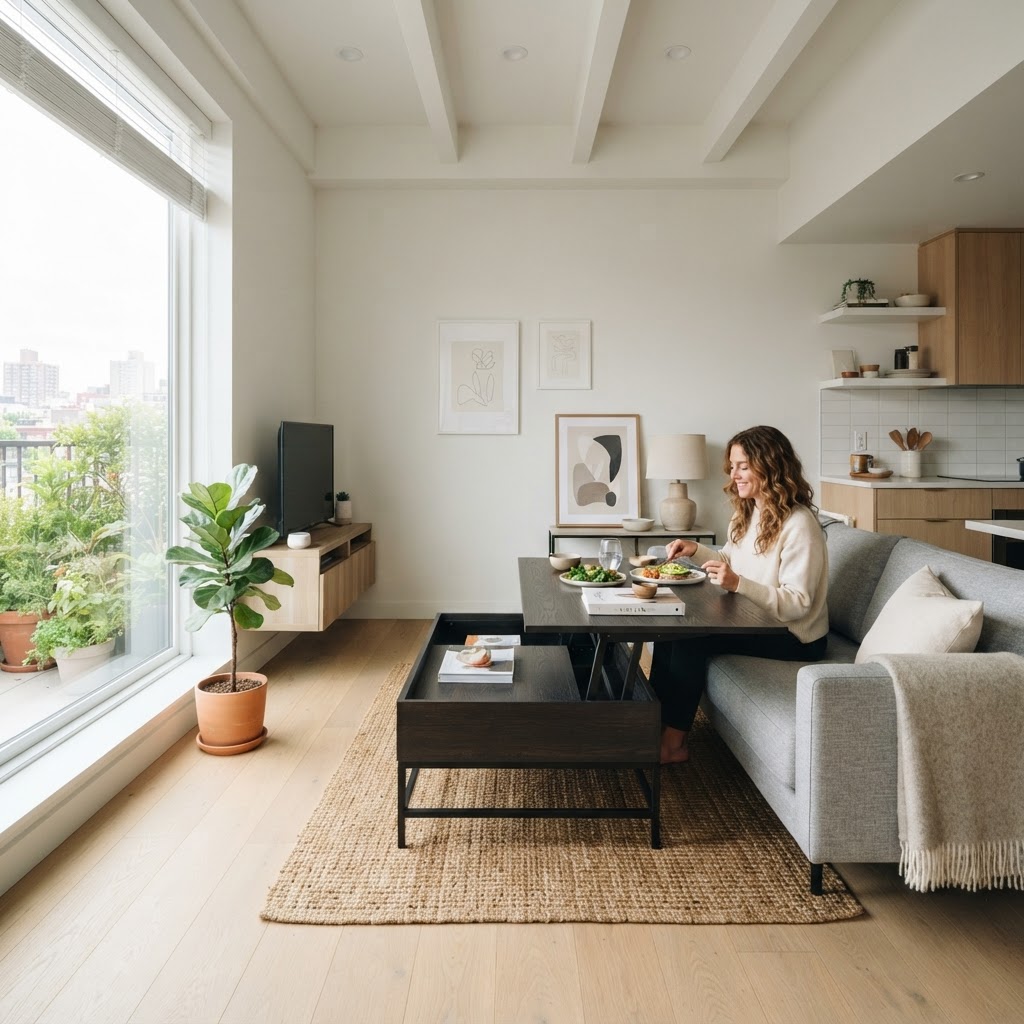 A multifunctional coffee table maximizes utility in small rooms.