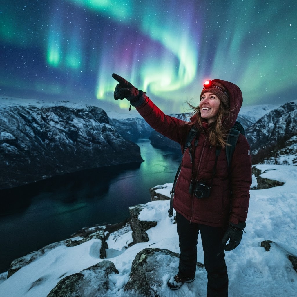 An adventurer witnessing the magic of the Northern Lights in Norway.