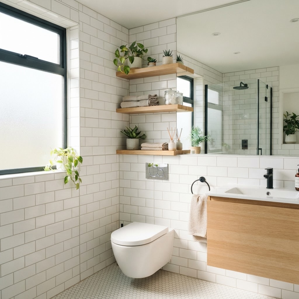 Maximizing vertical space with floating shelves creates an airy and open feel.