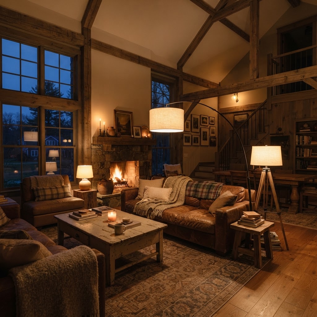 A perfectly lit living room using warm ambient lighting to create a tranquil evening retreat.