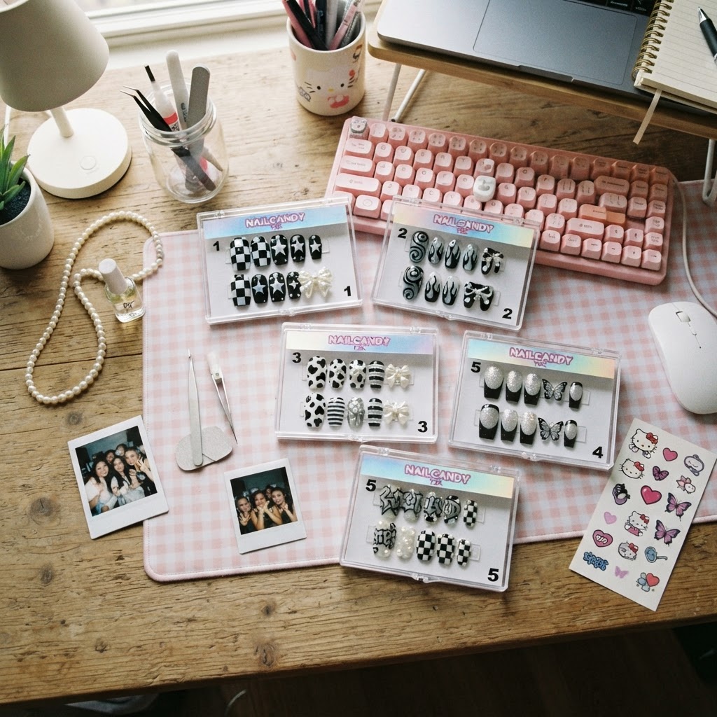 A collection of trendy Y2K-inspired black and white press-on nails.