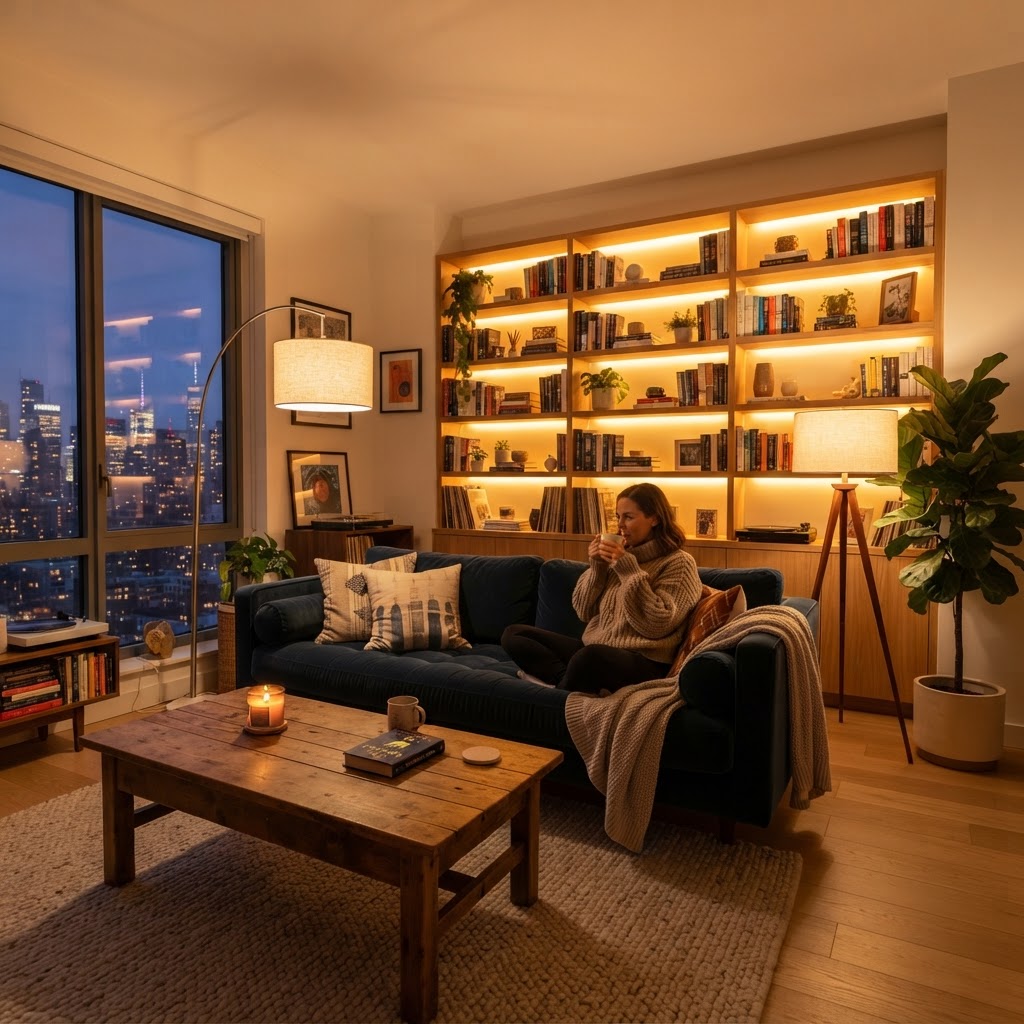Strategic use of lamps and LED strips creates a cozy, multi-layered atmosphere.