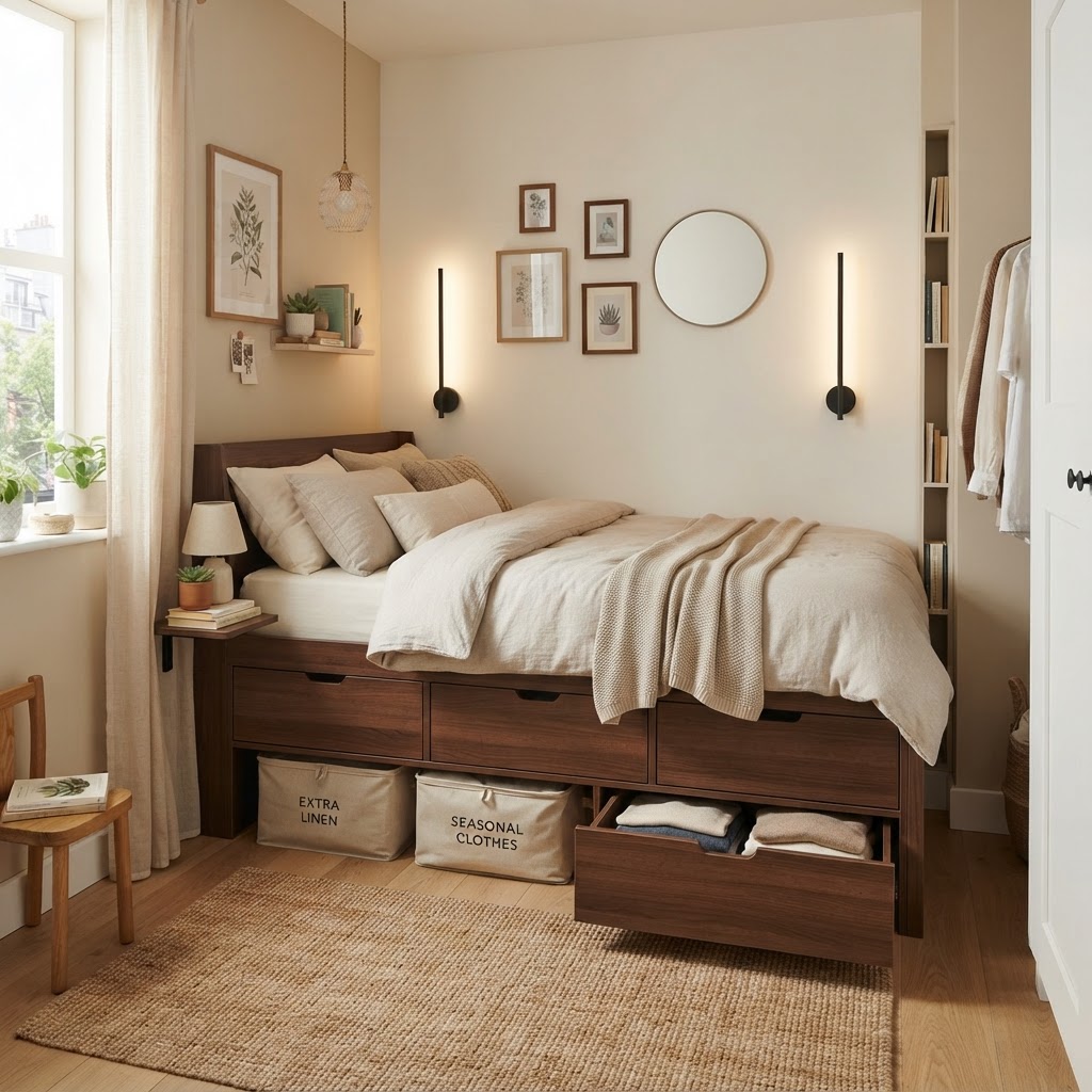 Under-bed storage and wall-mounted lighting keep surfaces clutter-free.