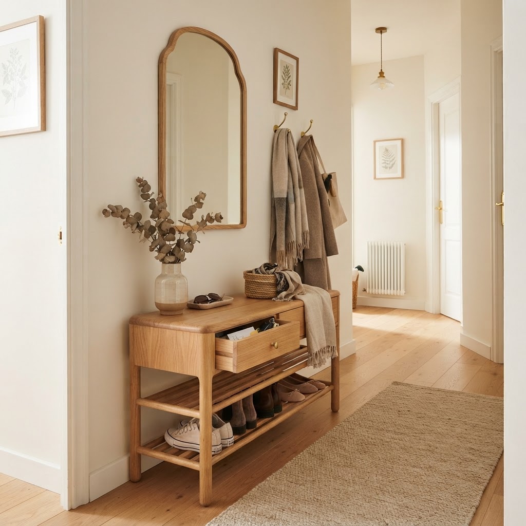 An entryway bench keeps shoes and mail hidden while providing seating.